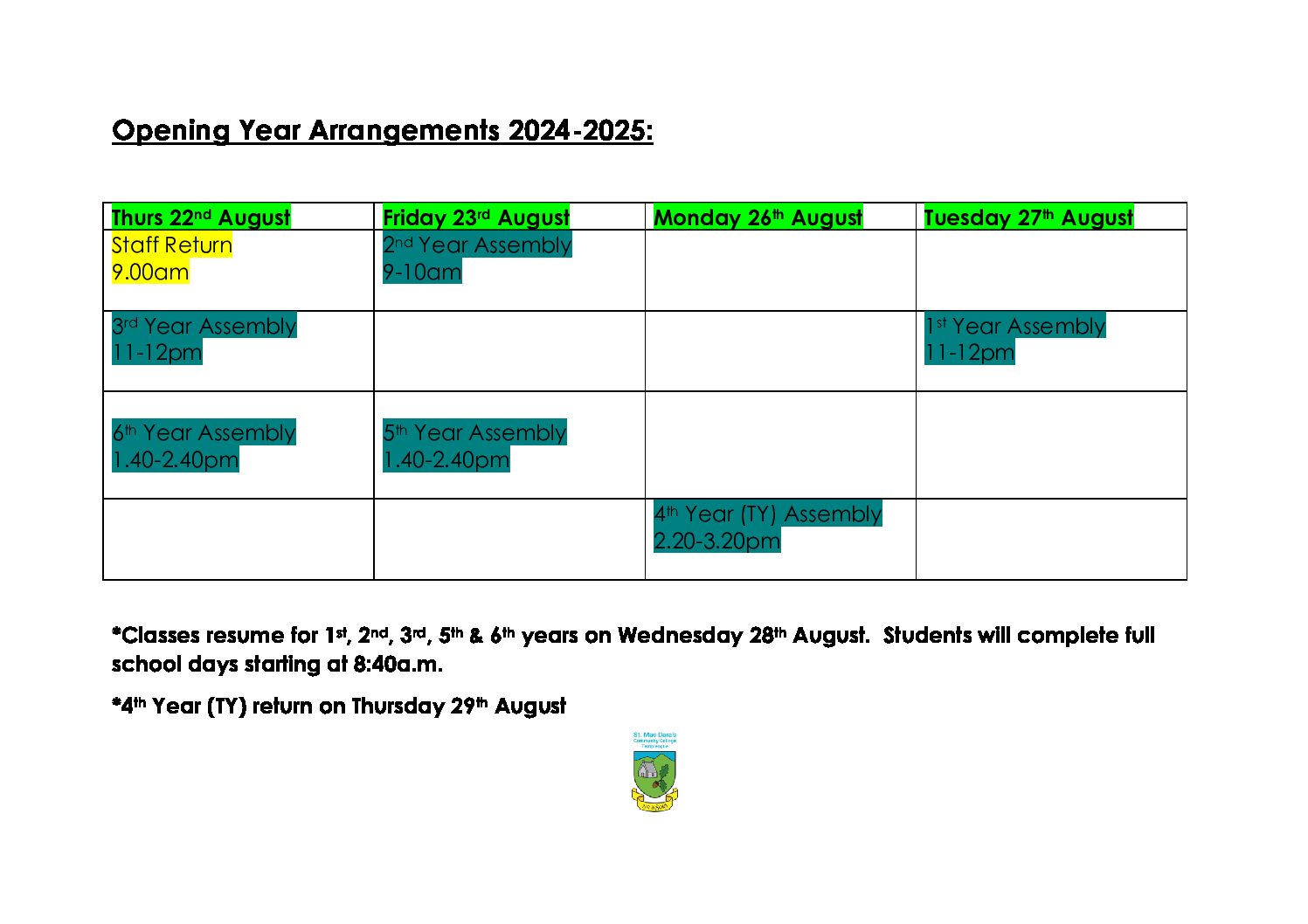 Opening Arrangements 2024/25